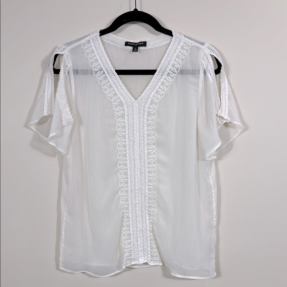 Banana Republic White Sheer Crochet Lace Trim Summer Boho Top Women Size Small